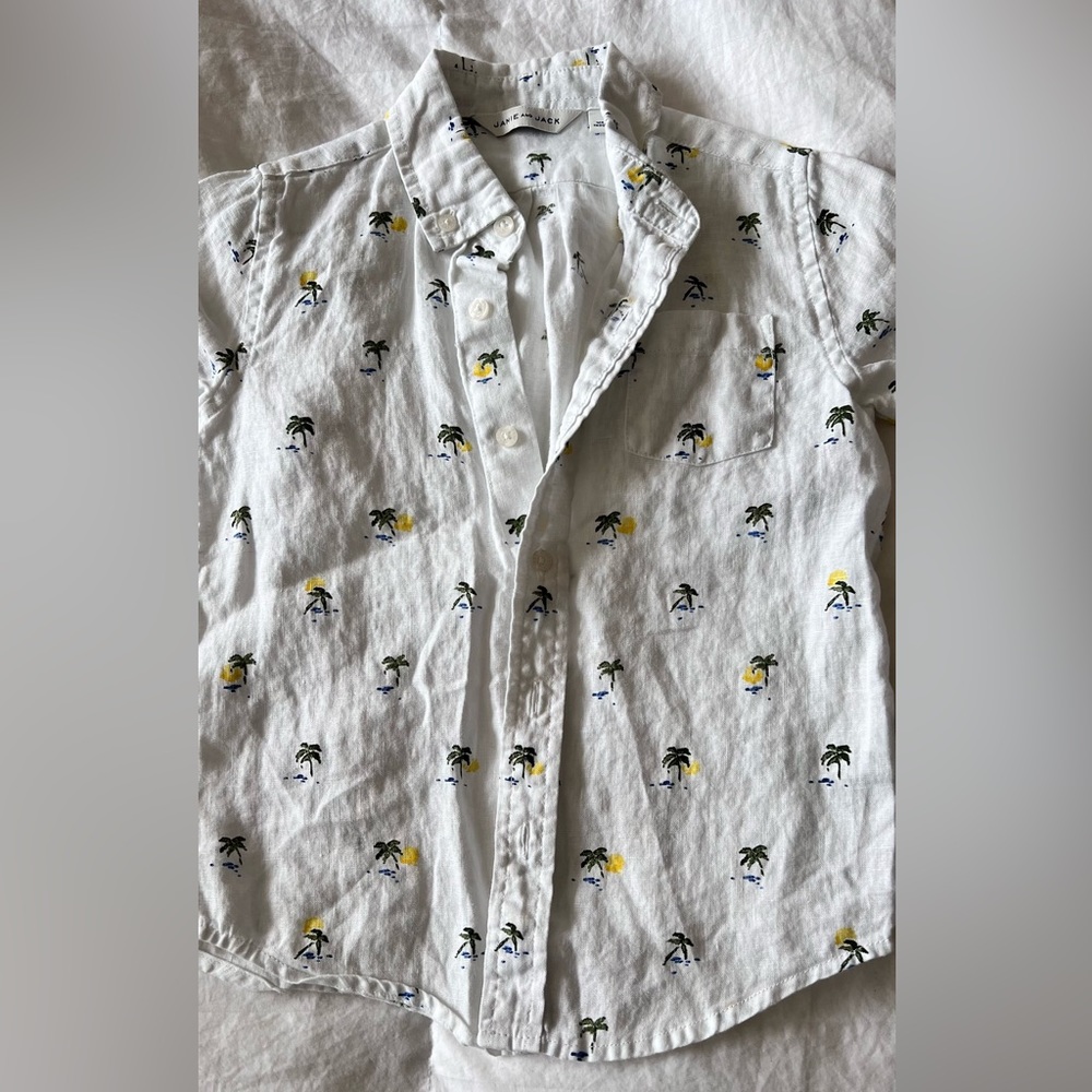 Janie & Jack white linen boys button down shirt with palm trees print